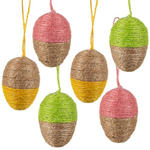 Ostereier-Anhänger, 6er Set: Kleine Osteranhänger mit Jute, Osterdeko zum Aufhängen, Deko Ostern, Für Osterstrauch, Frühlingsdeko, Braun, Rosa, Gelb & Grün, Modern, Indoor Osterschmuck hängend, 6 cm