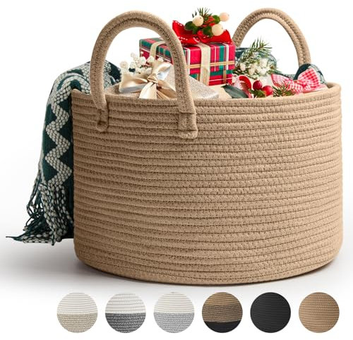 Rieeyrslza Corbeille à Linge en Coton Tissé D40 x H25 CM Panier de Rangement en Corde de Coton 32L Pliage Grande Capacité Corbeilles à Linge Avec Anse Convient à la Décoration Intérieure(Jute)