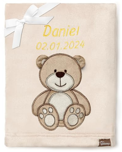Be Mammy Personalisierte Babydecke mit 3D Applikation Warme Kuscheldecke mit Namen und Geburtsdatum; Perfektes Baby Geschenk; Blanket; Krabbeldecke BE20-280 (Beige - Bär)