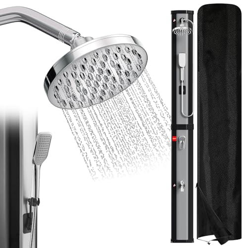 Ansobea Douche solaire argentée - 60 l - Avec couvercle de protection - Pommeau de douche réglable à 180° et douchette à main - Chauffable jusqu'à 60 °C - Parfait pour le jardin et la maison