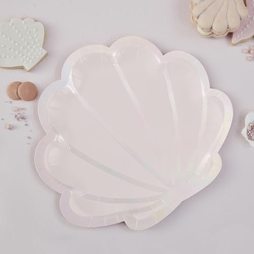 Ginger Ray Mermaid Shell Shaped Foiled Paper Plates Birthday Party Tableware 8 Pack, Iridescent