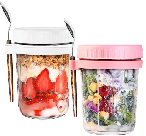 Bocguy 2er Set 400ml Overnight Oats Gläser, Glas Müslibecher to go mit Löffel und Deckel, Overnight Oats Behälter Joghurtbecher to go für Müsli Jogurt Porridge Milch Früchte, Rosa und Weiß