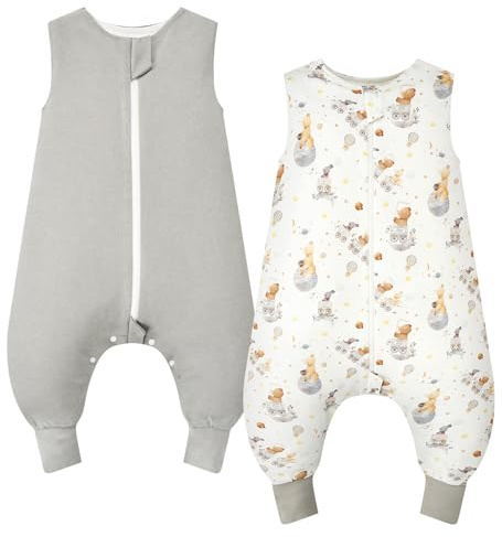 WYTbaby Schlafsack mit Füßen 1.0 Tog 2er Pack Baby Schlafsack 100% Baumwolle Ärmellose Ganzjahres Schlafsack mit Beinen für Jungen Und Mädchen