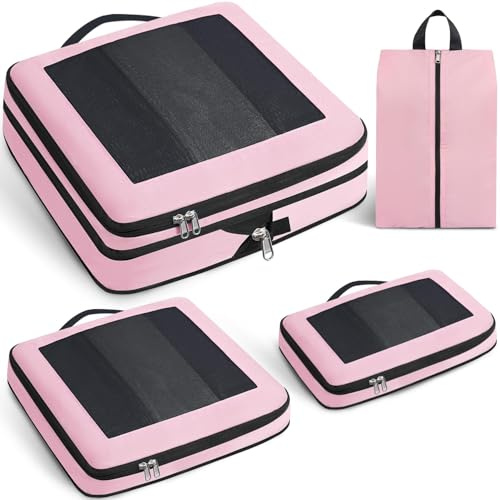 Prezon Cubi da viaggio grandi e compressibili, design aperto e visibile, organizer espandibile con sacca per scarpe. 4 set leggeri per valigie, zaini, vacanze e campeggio, Rosa