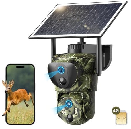 SEHMUA 4G LTE Caméra de Chasse avec SIM à Double Objectif, Caméra Surveillance Solaire Extérieure sans Fil, 360° PTZ Vidéo en Direct, Audio Bidirectionnel, PIR Détection, Vision Nocturne Couleur,IP66