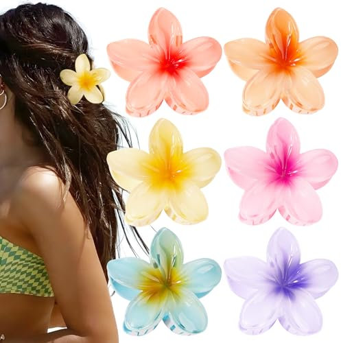 BOFUNX 6pcs Pinzas de Pelo Hawaianas de 8cm en Forma de Flor Clips Hebillas de Cabello Garras de Plástico Antideslizante para Mujeres y Niñas