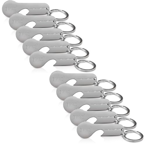 Eaxus® 10er Set Einkaufswagenlöser aus Edelstahl - Hochwertiger Einkaufswagenchip mit Schlüsselanhänger, Silber