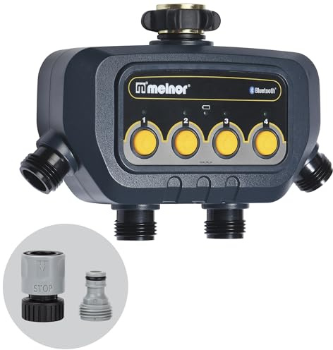 Melnor 65184AMZ Minuteur d'eau Bluetooth avec contrôle à 4 Zones, 12 Heures de démarrage programmables, Retard d'arrosage, Mode Manuel, résistant aux intempéries, Lot de 2 pièces à Connexion Rapide,