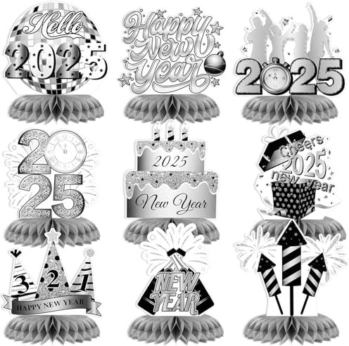 HOWAF Silvester Deko 2025 Silber, 9 Stück Silvester Bienenwabe Happy New Year Bienenwaben Mittelstück Papier Tischaufsätze Dekoration für Neujahr Silvester Tischdeko, Happy New Year Deko 2025