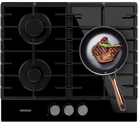 Cecotec Placa de Gas Butano y Natural 3 Fuegos Bolero Squad G 3200F Glass Black. 6250W, Cristal Negro, Parrillas Completas Hierro Fundido, WOK Triple Corona, Encendido Eléctrico, Sistema de Seguridad