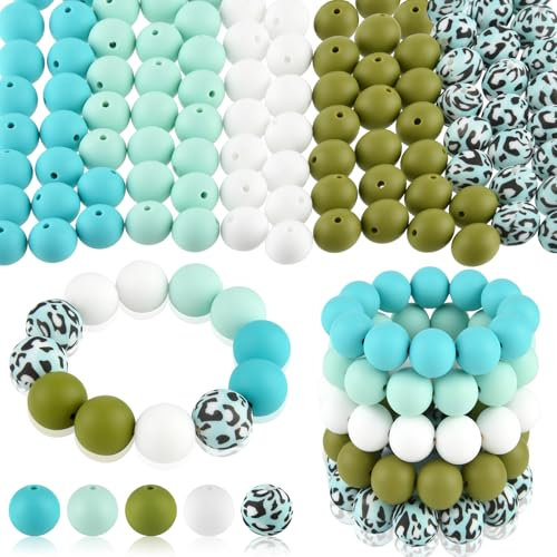 ASTARON 100 Stück 15 mm Silikonperlen zur Herstellung von Schlüsselanhängern, cyan, blau, weiß Silikonperlen, runde Perlen in großen Mengen für Armbänder, Stifte, Basteln, Schmuckherstellung