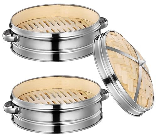 DAGLLGEW Bambus 2 Tiers Bambuskorb mit Deckel und binauralem Griff hohlen Knödel mit Edelstahlring zum Kochen von Dim Sum Buns Knödel Gemüse Küchenzubehör