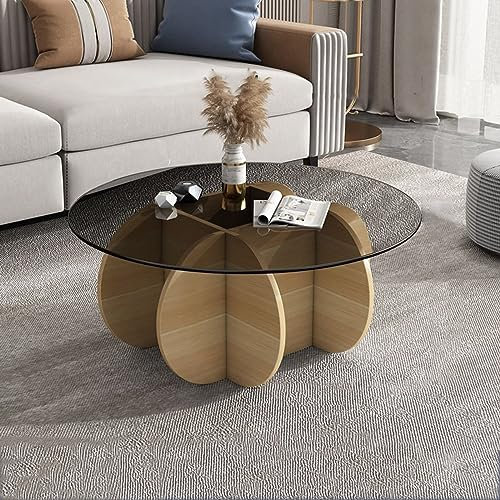 Table basse ronde moderne avec plateau en verre et base en bois massif, table centrale élégante pour salon ou terrasse, plateau en verre trempé transparent, finition noyer et gris, 80 x 40 cm