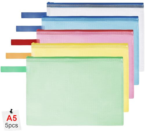 OFFCUP Dokumententasche A5, 5 Stück Wasserdichte Reißverschlusstasche, Mesh Kunststoff Datei Tasche mit Reißverschluss, Dokumentenmappe für Schule Zuhause Büro Reisen Kosmetika, 5 Farben