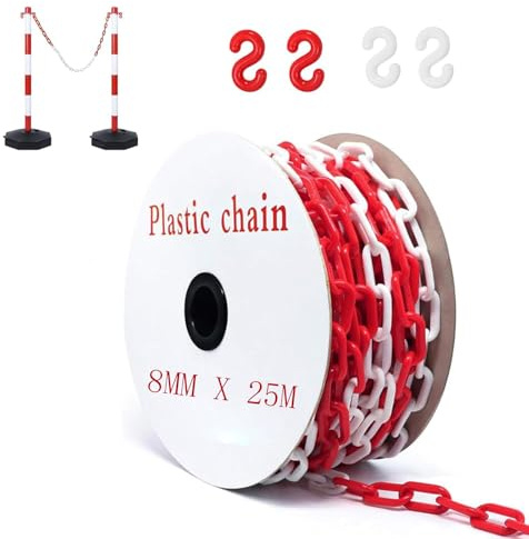 Cadena de barricada de plástico de 25 m, color rojo y blanco, 8 mm, cadena de advertencia y barricada con 4 ganchos en S, cadena de advertencia de seguridad de plástico para obras, aparcamiento y