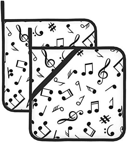 Set di presine quadrate a tema musicale, resistenti al calore, impermeabili, per grigliare, cuocere al forno e microonde (confezione da 2 con tasca e gancio per appenderlo)