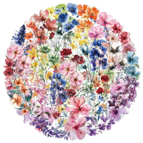 Bunte Blumen Stickers Set 50 Stück, Transparente PET Aufkleber für Laptop, Wasserflasche, Koffer, Gepäck, Gitarre, Helm, Handyhülle, Tagebuch, Scrapbook, Grußkarte