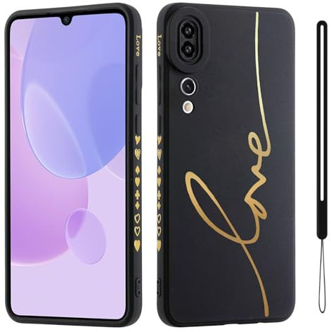 HAONANDE Handyhülle für Huawei P20 PRO, Süße Gold Liebesherz Glitzer Bling Schutzhülle für Frauen Mädchen mit Handschlaufe Kameraschutz,Niedliche Slim Case Schwarz
