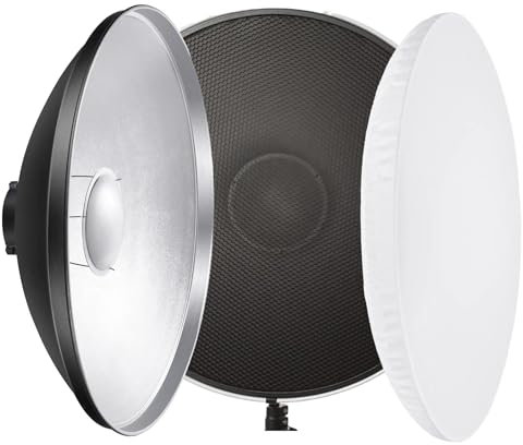 REFLEX CAMERA 16.8/42cm Silver Beauty Dish Reflector with Honeycomb Grids and White Diffuser Sock for Bowens Mount Studio Strobe Flash Light for ideal Photography Lighting Compatible with Godox