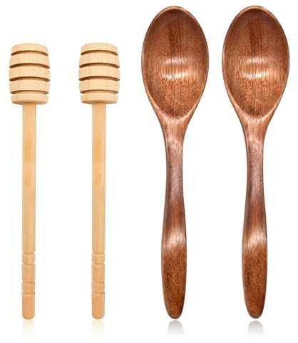 EQLEF Honey Spoons and Honey Sticks, 2Pcs 5.5in Wooden Spoons and 2Pcs 5.9in Honey Dipper Sticks, Wooden Honey Spoons Set for Honey Jar Dispensing and Kitchen Use (2 Spoons+ 2 Sticks)