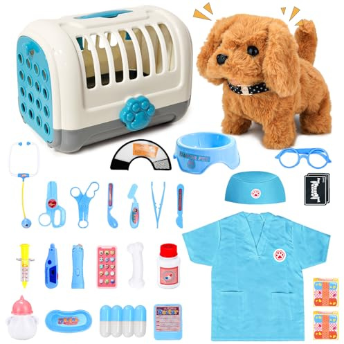 UBeesize 31Pcs Arztkoffer Kinder, arztkoffer Kinder ab 3 Jahre Interaktiver | mit Elektrischer Hund Spielzeug der Läuft und Bellt, Stethoskop, Thermometer für Tierarzt Spielzeug Blau