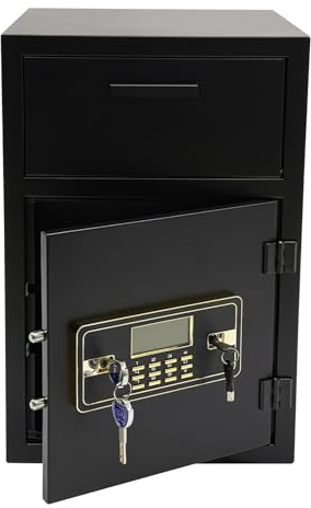 Depository Safe 40 * 20cm Drop Slot Safe Steel Anti Theft Deposit Box with Alarm & Dual Keys, Wall or Floor Mount Black Office Drop Vault for Cash Checks Documents Home Business Security, Pre-Drilled