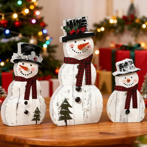 Kaezuy 3 Stück Weihnachtsdeko Holz Schneemann Figur, Tischdeko Schneemann Weihnachtsfiguren, Klein Weihnachten Holzdeko Figur für Winterdeko Geschenk Kamin Fensterbank