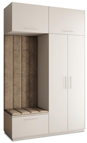 Masseno Flugarderoben Set Rema, Kleiderschrank-Set mit Sitzbank, Garderobenschrank Flur mit 5 Regalböden, Kaschmir