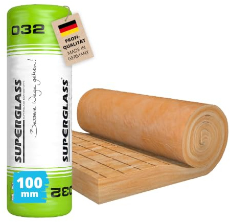 Superglass Klemmfilz KF 4 WLG032 – 4500 mm x 1250 mm x 100 mm (5,62 m²) | Profi-Qualität - Glaswolle-Filz mit markierter Oberfläche zur Dämmung - Für Dachschrägen mit geringer Sparrenhöhe
