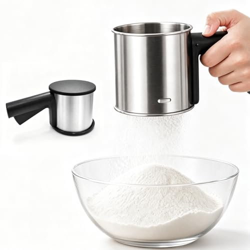 SINRAD Colador de harina de Acero Inoxidable con Tapa y Mango | para harina, azúcar, canela, especias en polvo