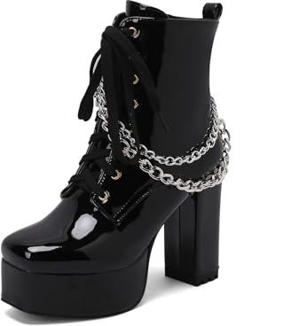 TNMIUH Stivali Goth con Zeppa da Donna, Anfibi con Tacco Largo da 11.5cm e Catena, Stivaletti Gotici in Vernice con Cerniera Laterale, Nero Bianco Rosa