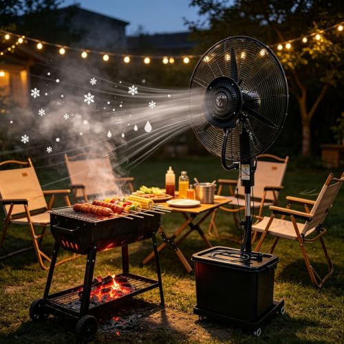 Ventilatore Nebulizzatore con Serbatoio ad Acqua 42L – Ventilatore a Piantana Professionale Oscillazione 90°, 3 Velocità, Portata Aria 10 M, Ruote, Per Esterno, Terrazza, Ristorante, Officina(Ø71cm)