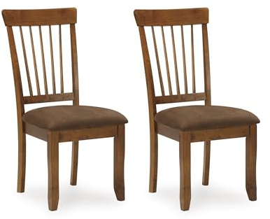 Signature Design by Ashley Berringer Dining Chairs Set of 2, Classic Wood Spindle-Back Design, Cushioned Microfiber Seat, Rustic Finish for Kitchen & Dining Room Chair, Walnut