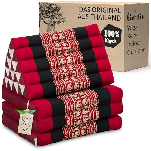livasia Thaikissen 3 Auflagen extrahoch - 185x55x8cm - Dreieckskissen mit Klappmatratze, Kapok, Jumbo Rückenkissen faltbar, Thaimatte Klappen, handgefertigt, Meditationskissen (Rot/Elefanten)