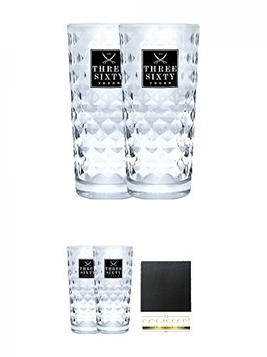 Three Sixty Vodka Gläser 2 Stück + Three Sixty Vodka Gläser 2 Stück + Schiefer Glasuntersetzer eckig ca. 9,5 cm Durchmesser