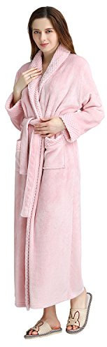 PUTUO Peignoir de Bain Femme Peignoir en Eponge Microfibre, Femme Robe de Chambre Longue Hiver Chaud - Rose - L-XL