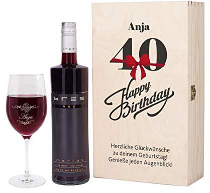 Herz & Heim® Bree Wein-Geschenk zum 40. Geburtstag mit graviertem Weinglas und Bree Wein zur Auswahl in Präsentbox Rot