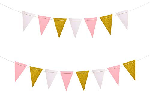 Oblique Unique® Wimpel Girlande Banner 3m Weiß Rosé Gold mit Glitzereffekt Wimpelkette für Geburtstag Jubiläum Hochzeit Feier Party Kindergeburtstag Deko