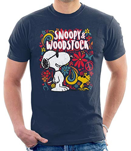 Peanuts 70s Floral Snoopy and Woodstock Men's T-Shirt Navy Blue