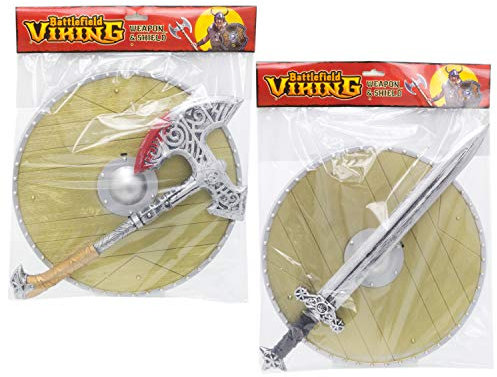 Kids Viking Shield And Weapon Set | Medieval Warrior Fancy Dress Costume | Children's Viking Accessories - Pack Of 2 (Axe And Sword)