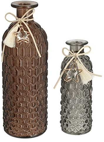 Vasen mit Stern Anhänger (2er Set) H:16,5 BZW. 25 cm - Landhaus Look, Vase zur Tischdekoration, Glasflasche, Hochzeit Deko