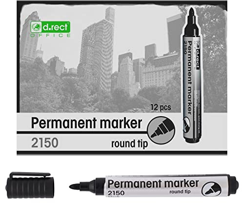 D.RECT 2150 Marker Permanent | Permanentmarker Wasserfest mit Rundspitze | Stifte Bunt Wasserfest | Wasserfeste Stifte für Viele Oberflächen 12 Stück - Schwarz