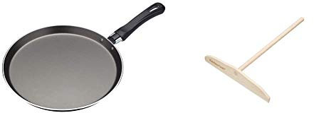 KitchenCraft Non Stick Pancake Pan with Printed Recipe, Aluminium, 24 cm & KCCPSPREAD Crepe Spreader, Beechwood, 24 cm