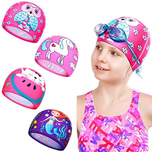 SATINIOR 4 Pezzi Cuffie da Nuoto per Bambini Cappello da Nuoto in Nylon Cuffia da Piscina per Ragazzo Cuffietta da Nuotare Elastica Kids Swim Caps Cuffia da Nuoto di Cartoon (Stile Adorabile)