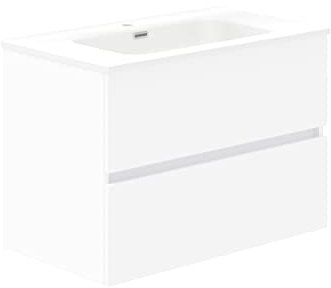 Baikal Mueble de Baño Dos cajones, suspendido a la Pared con Lavabo. Melamina 16. Mueble montado. Mueble de 80cm Blanco Sin Espejo