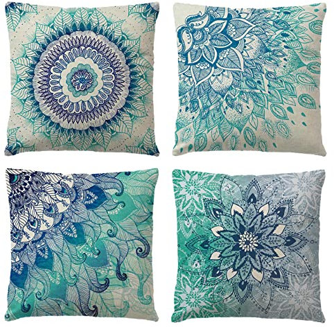 OCEUMACO Leinen Kissenbezug 40x40 Boho Indisch Kissenhülle 4er Set Sofakissen Dekokissen Bezug für Yoga Couch Mandala Muster Kissen Kissenbezüge Outdoor Deko Couchkissen Zierkissen - Petrol