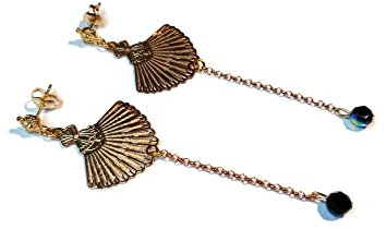 Retro Rose Gold Chain Beads Fan Earrings (black)