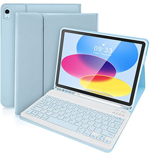 SOPPY Tastaturhülle für iPad, Bluetooth-Tastatur für iPad 10. Generation 10.9 Zoll 2022 (A2696/A2757/A2777), abnehmbare kabellose Tastatur für iPad 10th Gen 2022, mit integriertem Stifthalter, Blau