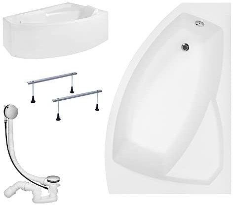 KOLMAN Badewanne RIMA Eckbadewanne 130x85 Rechts mit AcrylSchürze, Ablaufgarnitur und Füßen Komplettset 4in1 Premium Original Acryl Wanne Siphon