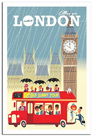 London Bell Tower Bus Vintage Reise Poster Leinwand Kunst Zuhause Zimmer Wanddekoration Bild Poster Druck Gemälde Geschenk Poster